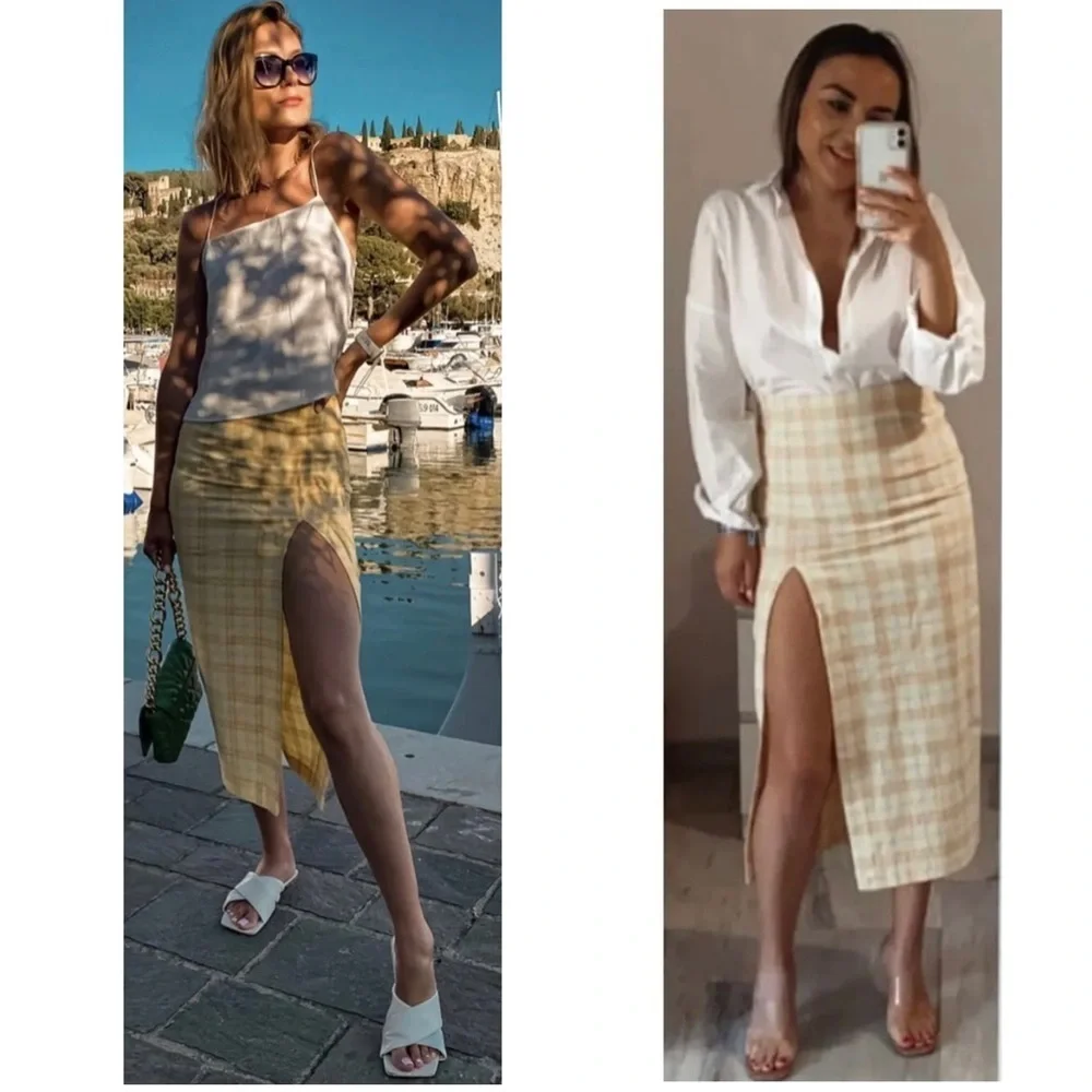 Zara NWT yellow Plaid Midi High Waisted Skirt Front Slit At Hem Sz XS bloggers - Picture 3 of 14